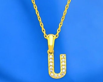 Handmade Silver/Solid Gold Personalized Initial U Pendant in Uppercase Letters Decorated with Cubic Zirconia Stones-14K Gold/Rose/White Gold
