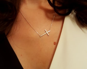 Delicate Dainty Elegant Simple Minimal Tiny Sideway 925K Silver Cross Necklace 14K Gold Fill/Rose Gold Filled Handmade CustomPendant A007