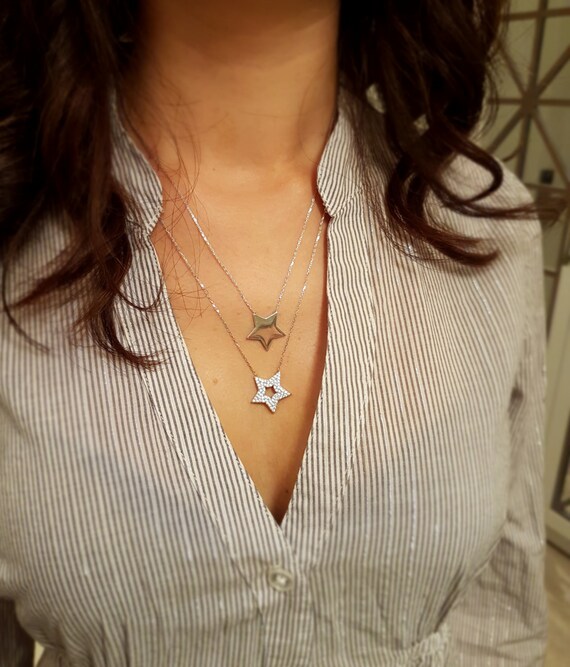 Pave Star and Plain Star Necklace / Delicate and Modern Diamond Double Necklace in 14 k Gold Fill, Sterling Silver, Rose Gold Fill / HoFD052