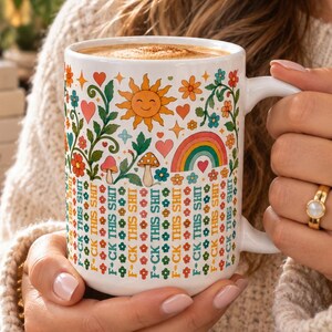 Retro Floral Rainbow Sun Mug | Mushroom Flower Pattern | Funny Hidden Message Mug