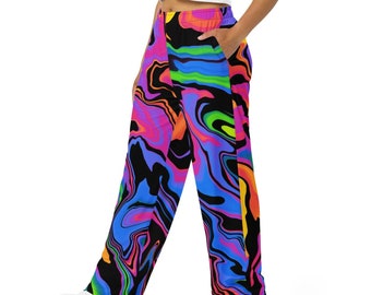 May include: Wide-leg pants with a colorful abstract swirl pattern in shades of pink, blue, orange, green, and black.
