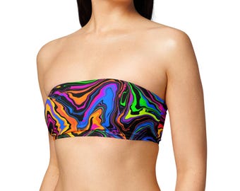 Dark Rainbow Bandeau Bikini Top | rainbow tops festival rave outfit plus size edm festival rave wear womens trippy electric forest plus size