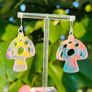 Iridescent Mushroom Earrings (festival jewelry, rave accessories, edm, electric forest, acrylic, mushrooms, music festival style)