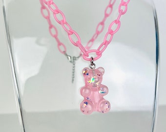 Sparkle Yummy Gummy Necklace (rave accessories, festival jewelry, music festival accessories, gummy bears, glitter resin, pastel gummy bear)