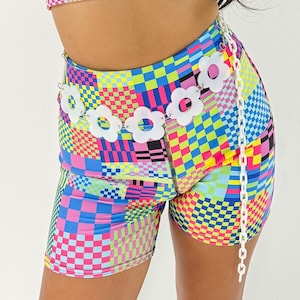 Glitch Yoga Shorts | rainbow casual festival outfit trippy shorts electric forest edm outfit plus size rave wear womens edm modest outfit