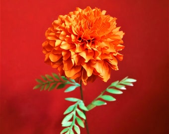 May include: A single orange marigold flower with green leaves on a red background.