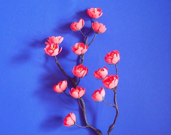 May include: A branch with pink blossoms against a blue background. The branch has many small pink flowers and is arranged in a vase-like shape.