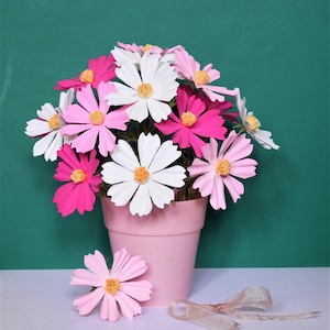 Può includere: Un bouquet di fiori cosmea di carta nelle tonalità del bianco, rosa chiaro e rosa scuro con centri gialli, sistemato in un vaso di plastica rosa chiaro. Un fiore di carta rosa chiaro isolato si trova davanti al vaso accanto a un nastro beige.