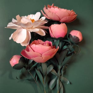 May include: A bouquet of paper peonies in various stages of bloom. The flowers range in color from soft pink to white, with green stems and leaves. The background is a solid, dark green.