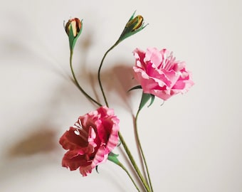 May include: Close-up of pink paper flowers with green stems and buds. The flowers have ruffled petals and white stamens. The buds are closed and have a yellow and green colour. The flowers are on a white background.