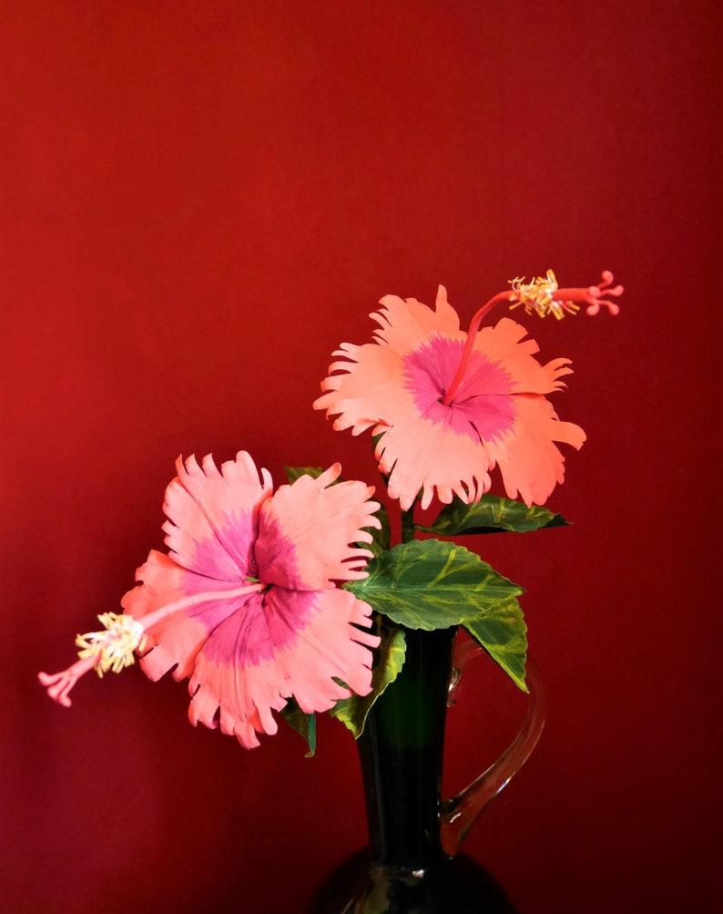 May include: Two pink hibiscus flowers with green leaves in a dark green vase against a red background.
