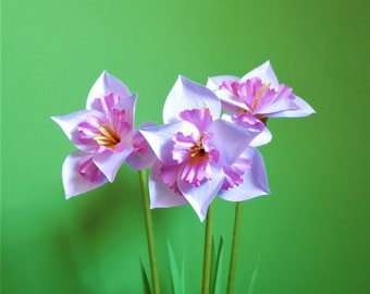 May include: Three pink and white paper flowers with ruffled edges, arranged in a bouquet against a green background.