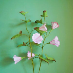 May include: A close-up of a paper flower arrangement against a green background. The arrangement features several stems with light pink flowers with darker pink edges and green leaves. The flowers are in various stages of bloom.