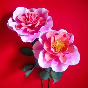May include: Two large, multi-layered artificial flowers with pink and coral petals. The top flower features a dense, ruffled center, while the bottom flower displays a prominent yellow stamen. Both flowers have dark green leaves on thin stems.