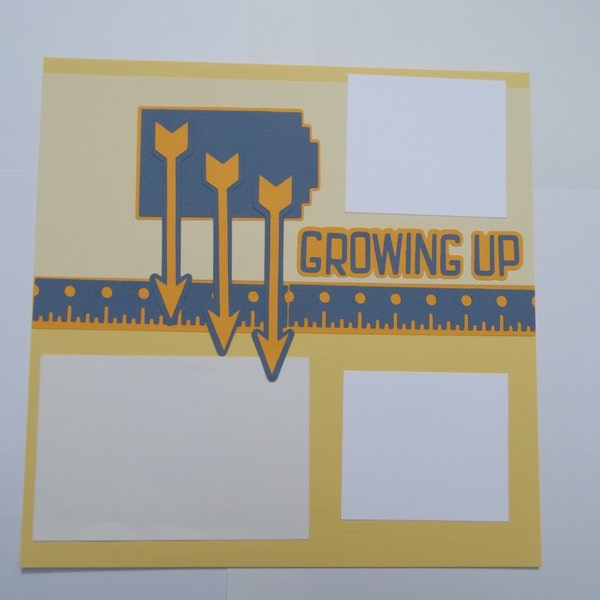 Baby scrapbook page "Growing Up"; child's page; 12x12 premade scrapbook layout; baby scrapbook page blue and gold