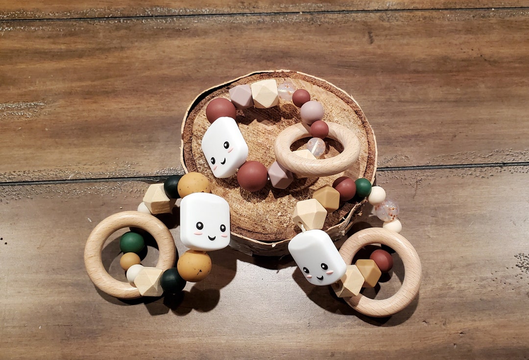 S'mores Silicone/wood Baby Rattle Ring, Montessori Baby Rattle, Baby ...