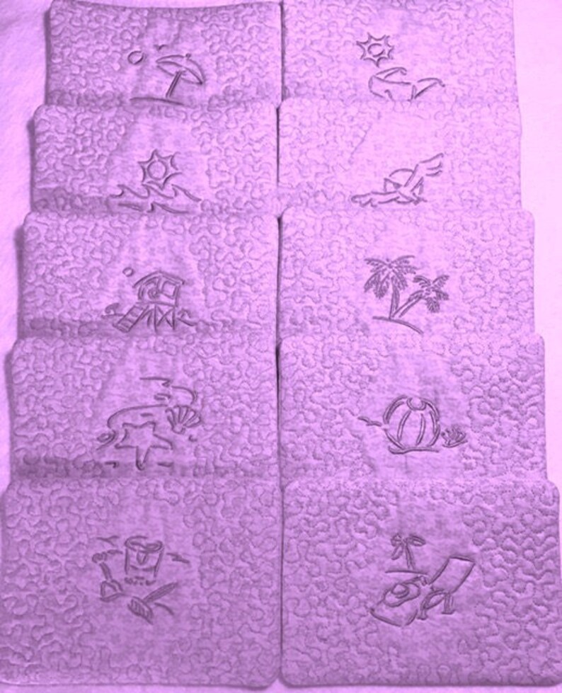 Set #7 machine embroidery Summer outline mug rug 6x8 set of 10 in multi format vp3 pes jef dst hus stitches quickly summer time theme