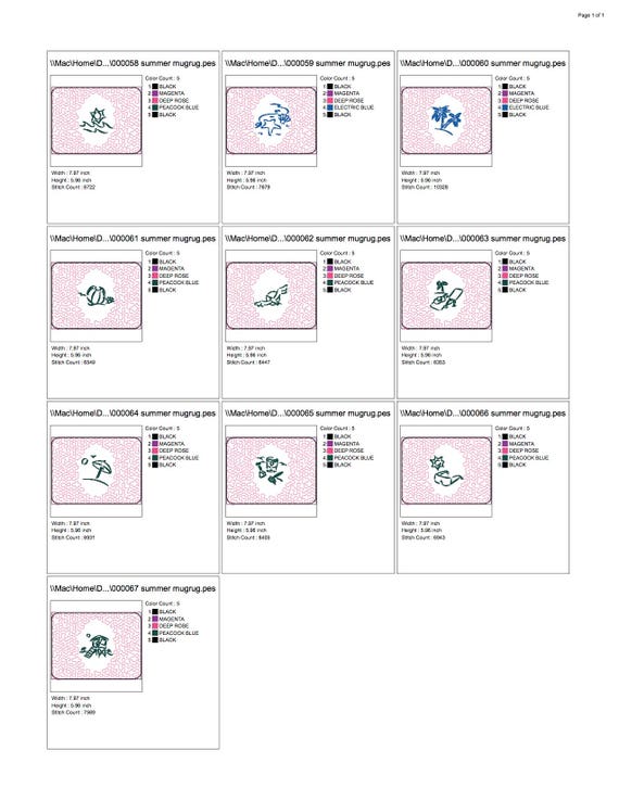Set #7 machine embroidery Summer outline mug rug 6x8 set of 10 in multi format vp3 pes jef dst hus stitches quickly summer time theme