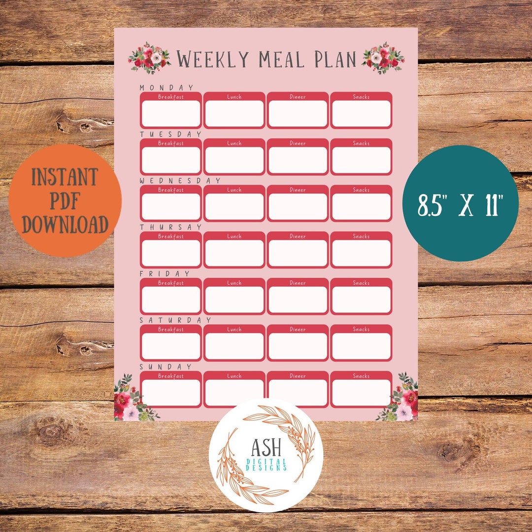 Printable Weekly Meal Plan Printable Daily Menu Plan Red Rose - Etsy ...