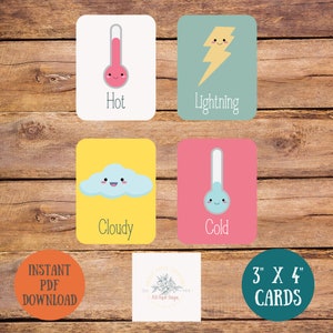 Juego de 14 tarjetas didácticas meteorológicas imprimibles, plan de estudios de educación en el hogar para preescolar y prekínder, carteles de terapia ocupacional para el autismo