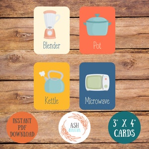Juego de tarjetas didácticas de cocina imprimibles de 16, plan de estudios preescolar digital para educación en el hogar, materiales de terapia ocupacional para el autismo