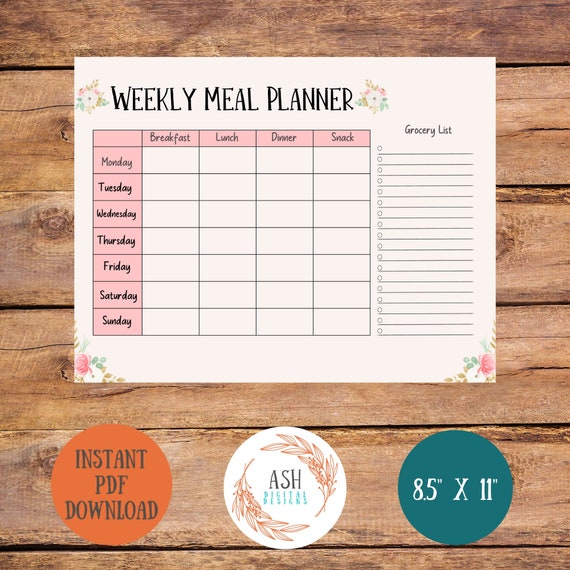 Printable Weekly Meal Planner Printable Daily Menu Planner | Etsy
