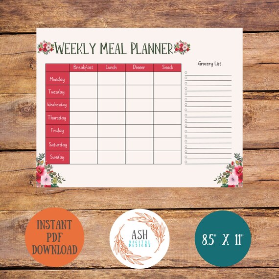 Printable Weekly Meal Planner Printable Daily Menu Planner Red | Etsy