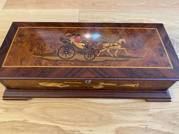 Reuge 144 Note Inlaid Burl Music Box W/ Horse & Carriage Reuge 144 Note Inlaid Burl Music Box W/ Horse & Carriage