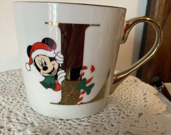 Mickey Mouse Festive Christmas Initial Mug Letter L Disney Tesco Winter Gold Handle Limited Edition Porcelain Holiday Themed Collection