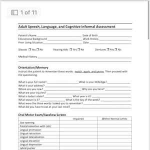 Informal speech, language, and cognitive evaluation for adult medical/hospital/outpatient settings