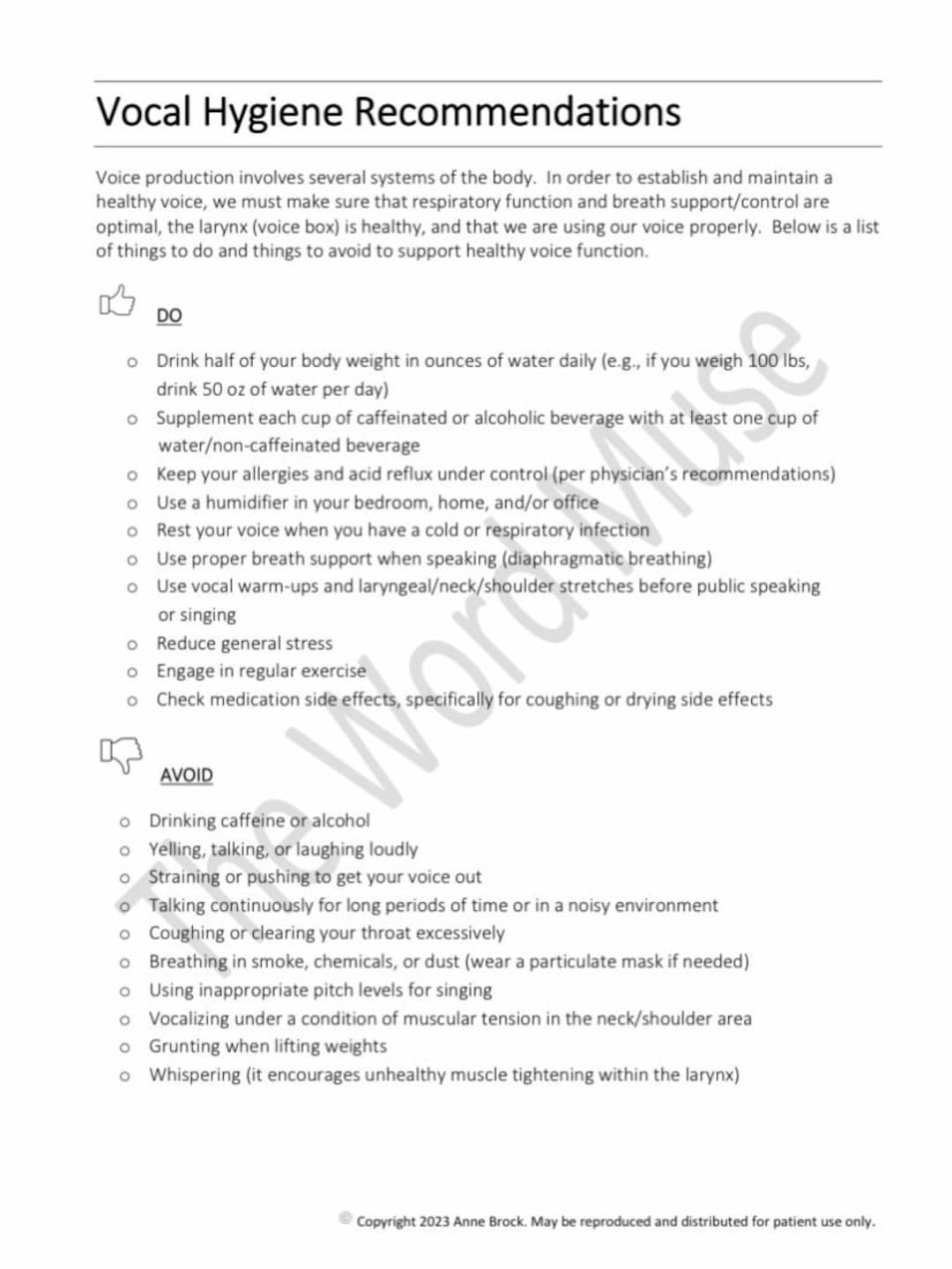 Vocal Hygiene Handout for Speech Language Pathologists Etsy