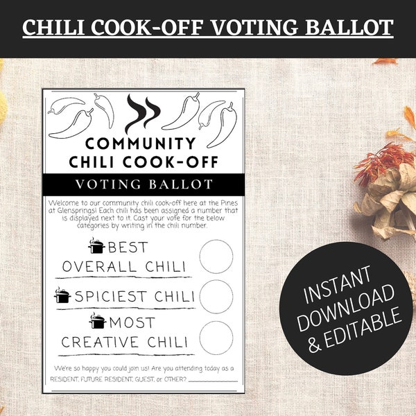 EDITABLE Chili Cook Off Voting Ballot | Printable Template | Chili Cook-Off Scorecard | Chili Cook-Off Contest Cards | Chili Contest