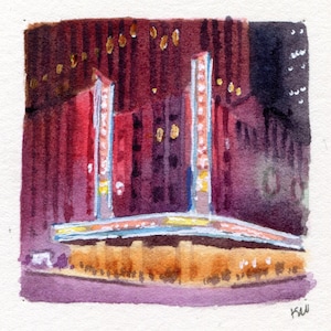 May include: Watercolour painting of a building with a red facade and a marquee with lights. The building is lit up at night and the marquee is glowing.