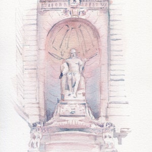 Puede incluir: Pintura acuarela de una estatua de una persona en un nicho con un arco en la parte superior. La estatua es de color rosa pálido y el nicho es de color gris claro.
