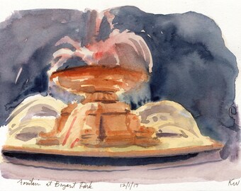 5x7 Bryant Park Fountain - Original Watercolor Painting