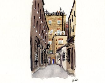 3x4" - Goodwin's Court London - Origineel aquarelschilderij