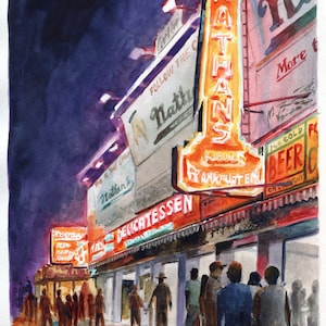 8x14&quot; - Nathan&#39;s at Night - Original Watercolor Painting