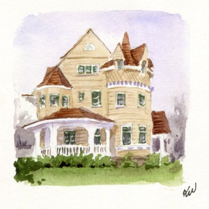 May include: Watercolor painting of a large, yellow house with a brown roof and green trim. The house has a porch with white railings and a large yard with green grass.