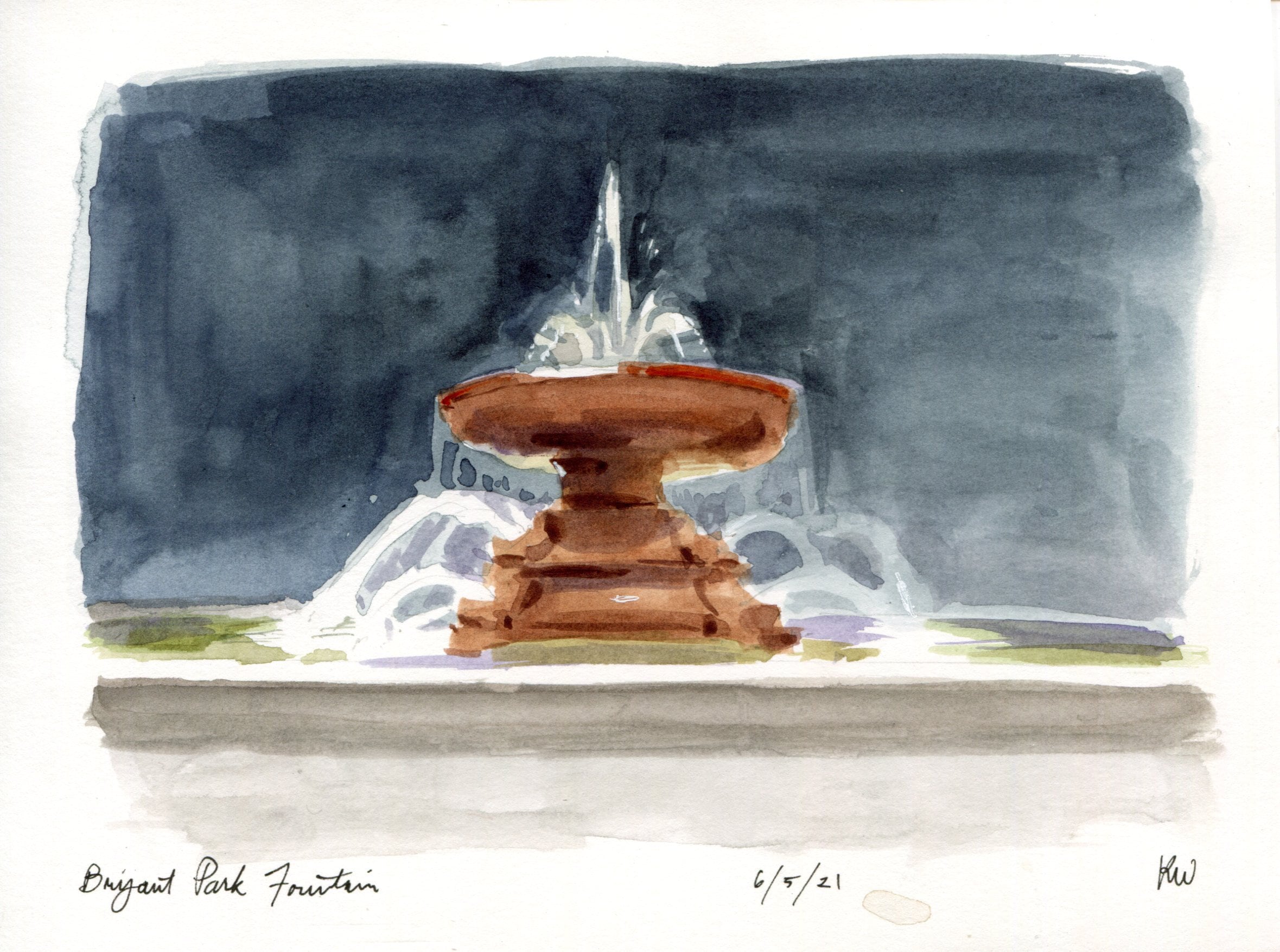 6x8 Bryant Park Fountain Original Watercolor