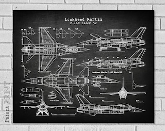 May include: Black and white blueprint style illustration of a Lockheed Martin F-16C Block 52 fighter jet. The image shows multiple views of the aircraft, including top, side, and bottom views.