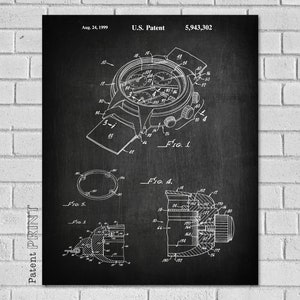 May include: A black and white patent drawing of a watch design. The drawing shows the watch face, the side profile, and the internal mechanisms. The patent number is 5,943,302 and the date is August 24, 1999.