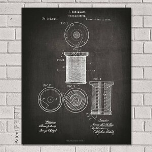 May include: A black and white vintage patent drawing of a thread spool design. The drawing shows different views of the spool, including a side view, a top view, and a cross-section. The patent number is 185,864 and the date is January 2, 1877. The inventor is J. McMillan.