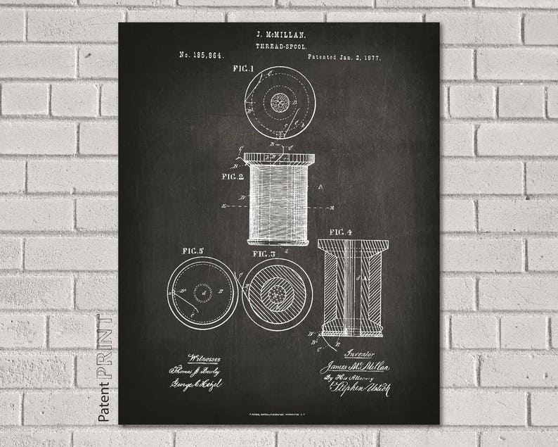 May include: A black and white vintage patent drawing of a thread spool design. The drawing shows different views of the spool, including a side view, a top view, and a cross-section. The patent number is 185,864 and the date is January 2, 1877. The inventor is J. McMillan.