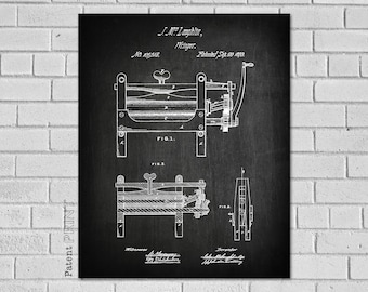 May include: Black and white patent drawing of a wringer, a device used to remove water from clothes. The drawing shows the wringer in detail, with its gears, levers, and rollers. The patent number is 101,518 and the date is September 20, 1892.