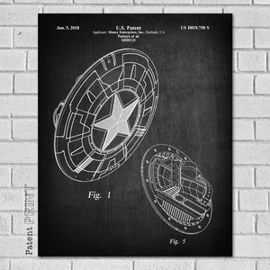 May include: A black and white patent drawing of Captain America's shield. The drawing shows the shield from two different angles. The text on the drawing reads "U.S. Patent D819,750 S" and "Fig. 1" and "Fig. 5".
