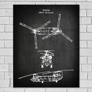 May include: A black and white line drawing of a Boeing CH-47 Chinook helicopter. The drawing shows the helicopter from three different angles: top, front, and side. The text "Boeing CH-47 Chinook" is written at the top of the drawing.