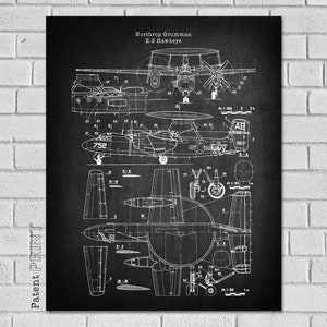 May include: A black and white blueprint of a Northrop Grumman E-2 Hawkeye aircraft. The detailed technical drawing includes various views and labels, with the text "Patent PRINT" on the left side. The aircraft's design is rendered in white against a dark background.
