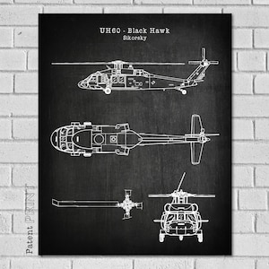 Army Helicopter Blue Print - UH-60 Blackhawk - Black Hawk - Sikorsky Military Helicopter- Helicopter Art - Military Decor -  Patent AH60