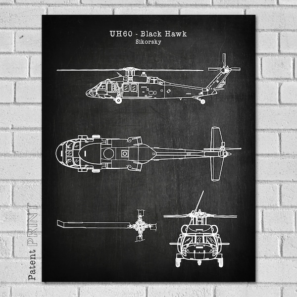 Army Helicopter Blue Print - UH-60 Blackhawk - Black Hawk - Sikorsky Military Helicopter- Helicopter Art - Military Decor -  Patent AH60
