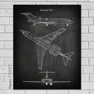 May include: A black and white line drawing of a Boeing 727 airplane. The drawing shows the airplane from three different angles: side view, top view, and front view. The text "Boeing 727" is printed at the top of the drawing. The text "Patent Print" is printed on the left side of the drawing.